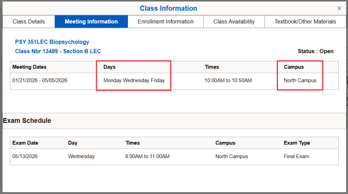 Zoom image: Highlight boxes around Days Monday Wednesday Friday and Campus.