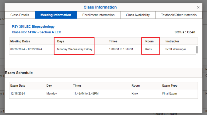 Zoom image: Highlight boxes around Days Monday Wednesday Friday and Room information Knox