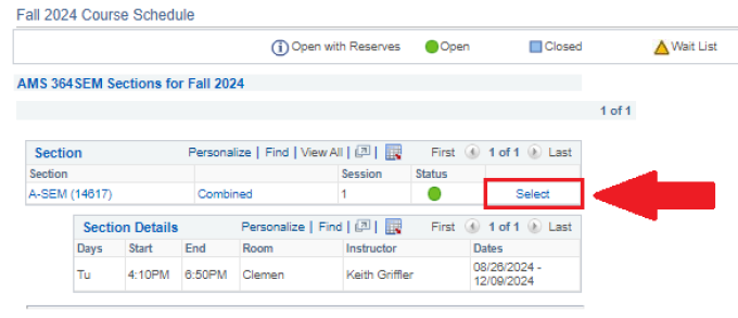 Zoom image: Section information with arrow pointing to Select