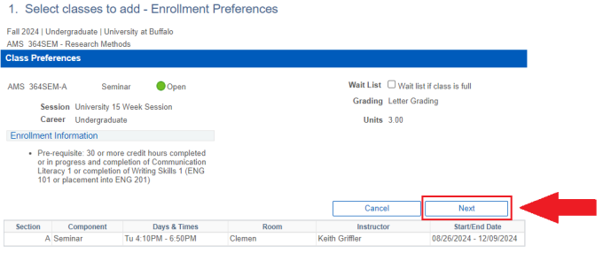 Zoom image: Class preferences information with arrow pointing to Next