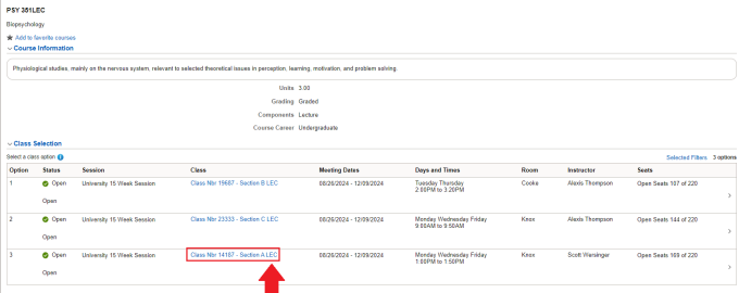 Zoom image: List of classes with arrow pointing to one selection in class column