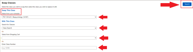 Box around "Swap This Class / select from your schedule"; arrows pointing to drop-down menus and entry boxes. 
