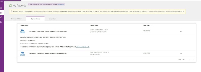 Zoom image: Degree's earned tab listing earned degrees
