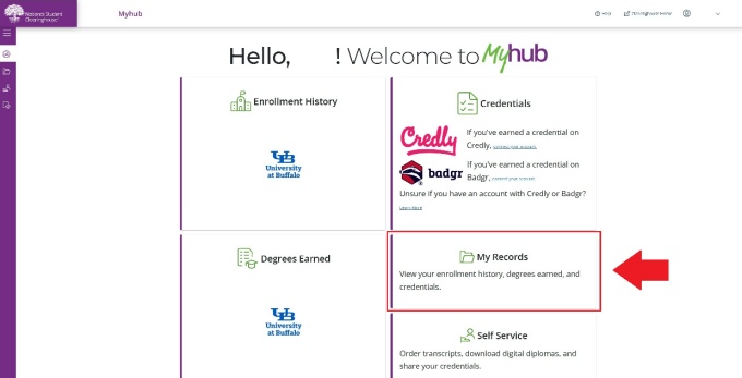 Zoom image: Menu page for Myhub with an arrow pointing to my records. 