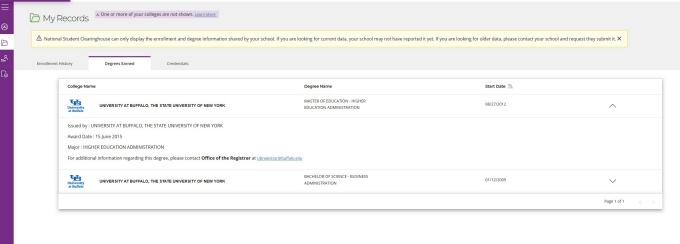 Degree's earned tab listing earned degrees. 