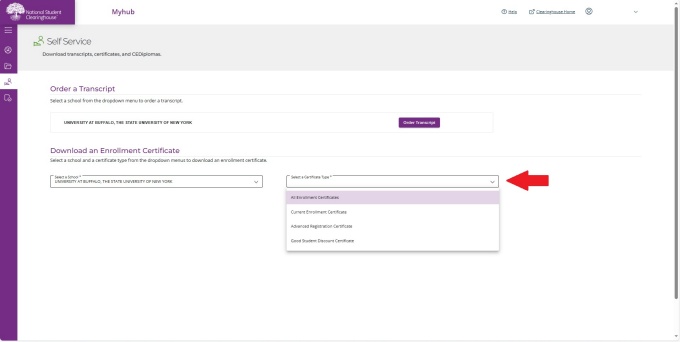 Arrow pointing to certificate type options. 