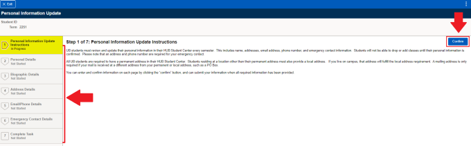 Arrow pointing to menu of options, with Personal Information Update Instructions highlighted; arrow pointing to Confirm button. 