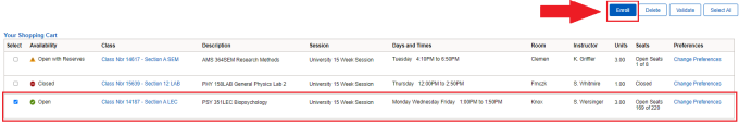 Zoom image: Shopping Cart list with arrow pointing to Enroll button and box around last class in list which is marked Open for Availability