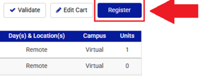 Red arrow points to the blue Register button. 