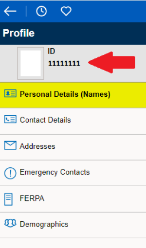 Arrow pointing to ID with ID number in menu; "Personal Details (Names)" highlighted in menu. 