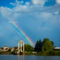 Rainbow above 3 pillars. 