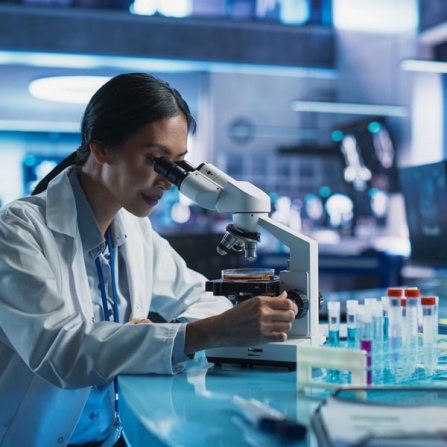 Female scientist working in a research facility examines a petri dish under a microscope. 