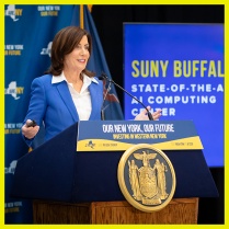 During a press conference in the Center for the Arts atrium, Gov. Kathy Hochul announced UB as the home for the Empire AI consortium, in January 2024. The university will be the site of her proposed statewide AI consortium, Empire AI, which will include construction of a state-of-the-art artificial intelligence computing center. Photographer: Meredith Forrest Kulwicki. 