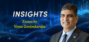 INSIGHTS: Essays by Venu Govindaraju, PhD; portrait of Venu in foreground, digital landscape in blue tone iin background. 