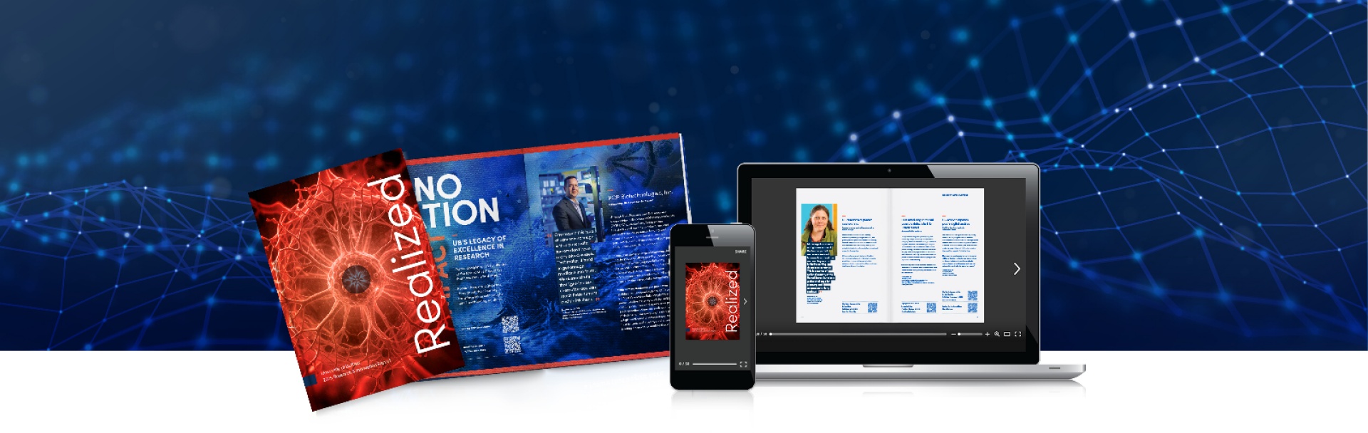 line art background with a brochure of UB "Realized" annual report, laptop and smartphone with a digital ebook on the screen. 