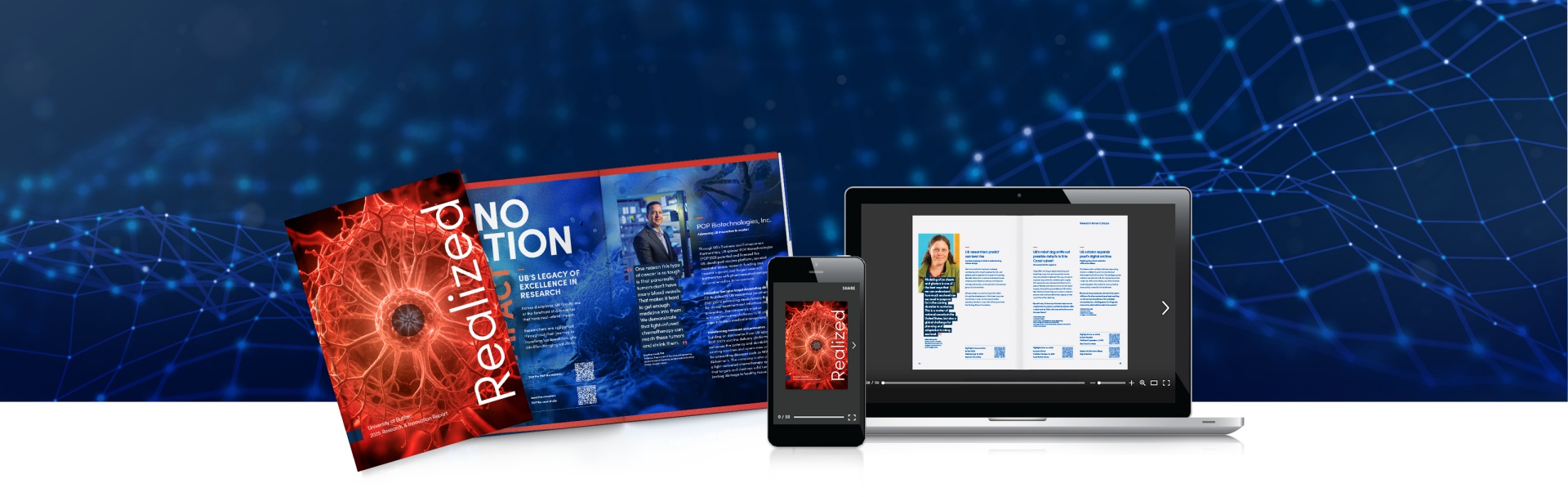 line art background with a brochure of UB "Realized" annual report, laptop and smartphone with a digital ebook on the screen. 