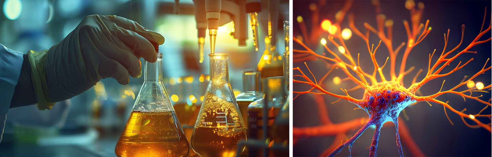 Scientist closing a beaker in a lab and closeup of a neuron cell. 