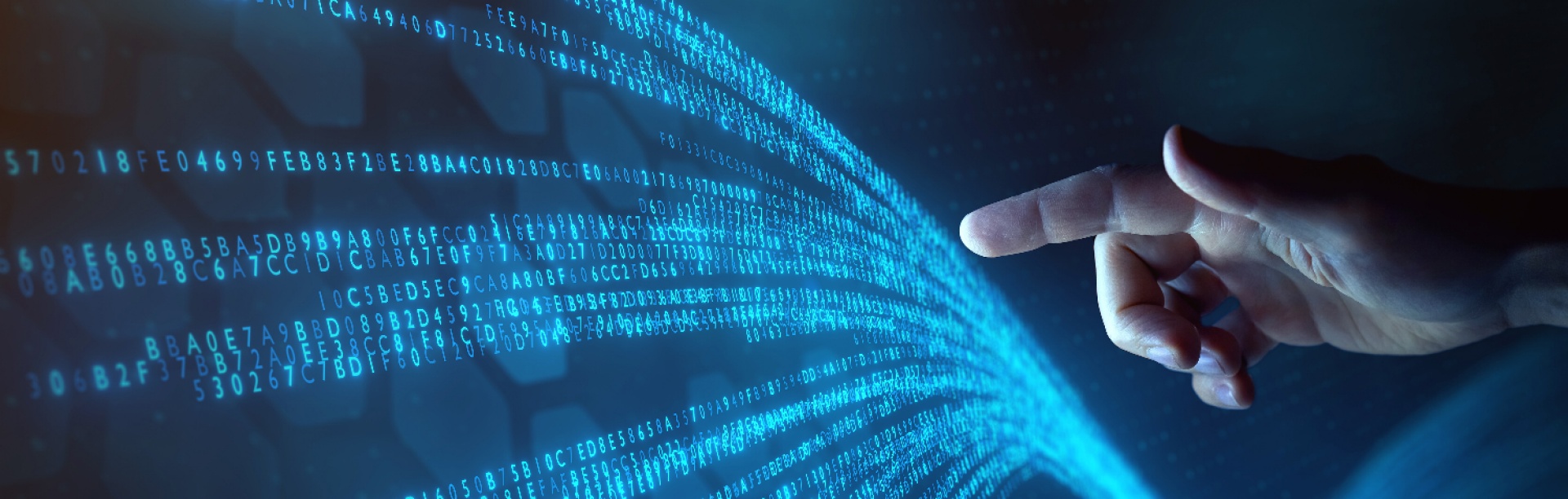 Big data technology and AI rendering of hand touching virtual screen. 