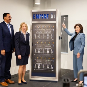 Gov. Kathy Hochul gathered with others to announce that Empire AI was installed at the consortium's temporary site in UB's Center for Computational Research on the Downtown Campus in October 2024. With Hochul are, from left, John B. King Jr, Marilyn Simons, Tom Secunda, President Satish K. Tripathi and Robert Harrison. Photographer: Meredith Forrest Kulwicki. 