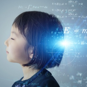 AI and Education concept: Young girl in with blue lens flare and digital hologram effect on mathematical equations floating in foreground.