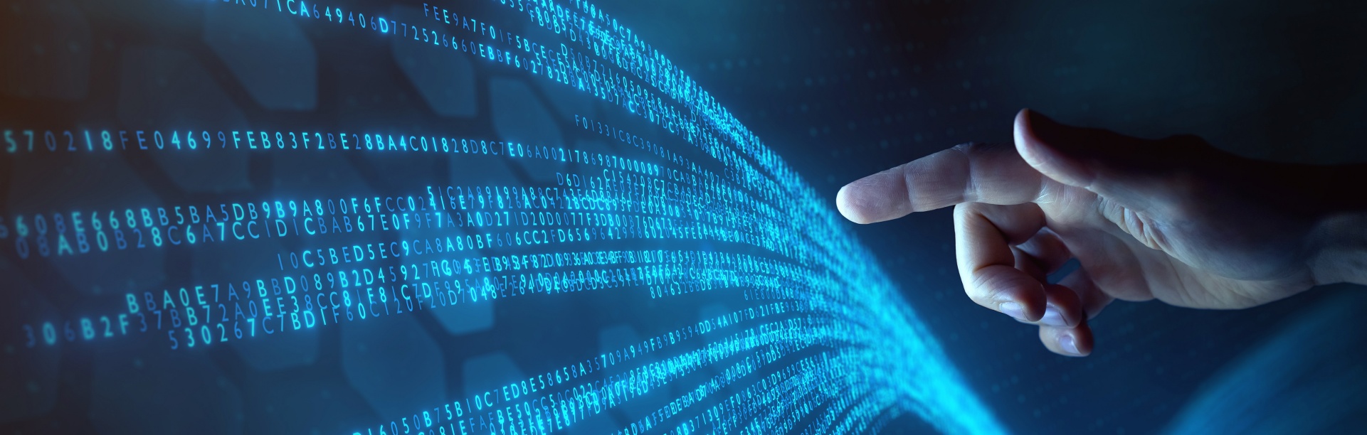 Big data technology and AI rendering of hand touching virtual screen. 