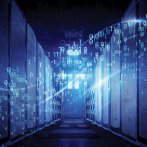 Digital stream rendering with big data computer center in background. 