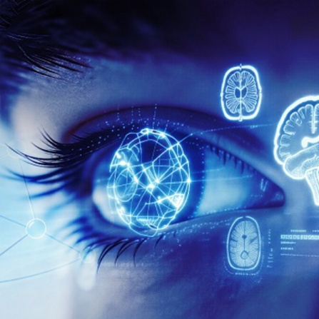 Blue-toned close-up of a human eye on the right side. The eye is illuminated with futuristic digital overlays, including glowing neural network patterns within the iris and small holographic icons of a brain and anatomical diagrams floating nearby. 