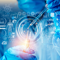 Human biology and pharmaceutical technology rendering on top of scientist with pipette in background. 