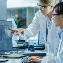 Scientists colaborating in laboratory. 