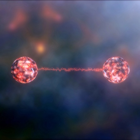 A new method developed by University at Buffalo physicists will allow qunatum dnyamics, like the interaction between two atoms, to be simulated more easily on consumer laptops. Quantum entanglement concept. 