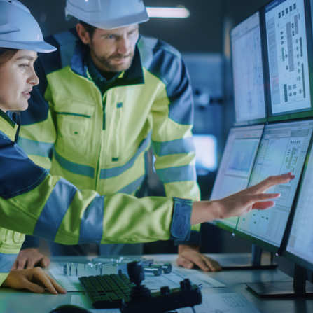 Engineers monitoring machine control panel on computer screen. 