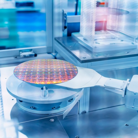 Robotic arm holding a silicon wafer. 