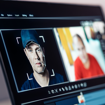 Laptop screen display showing a deepfake face swap in progress. 