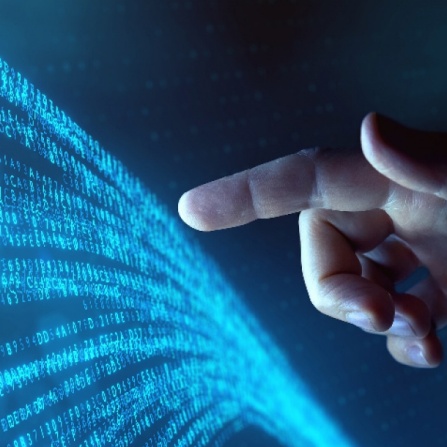 a finger points to a field of digital numbers. 