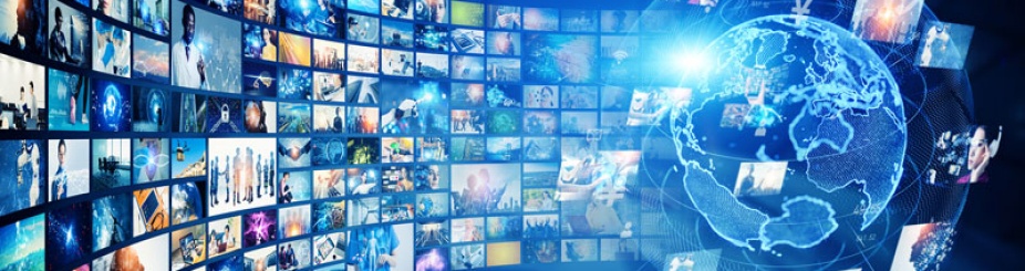 Concept of digital news - images flowing in towards a hologram of the Earth. 
