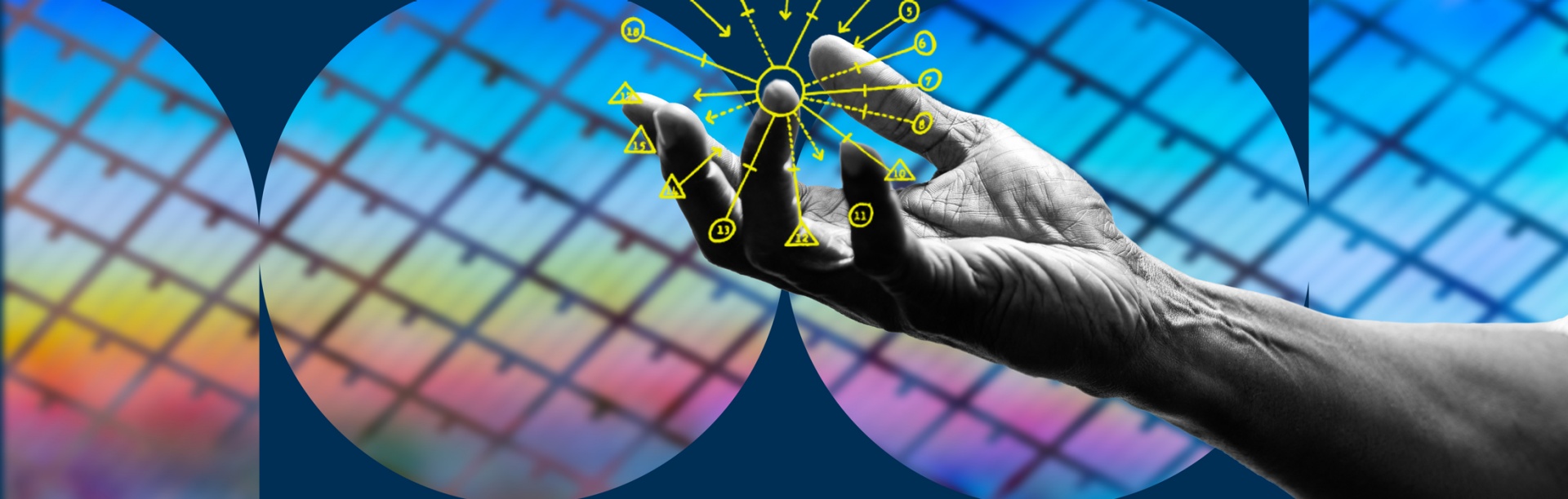 Realizing AI for Good text of silicon wafer background with researcher hand grasping abstract vector spots. 