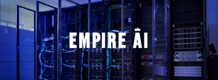 Empire AI logo with computer servers in the background. 