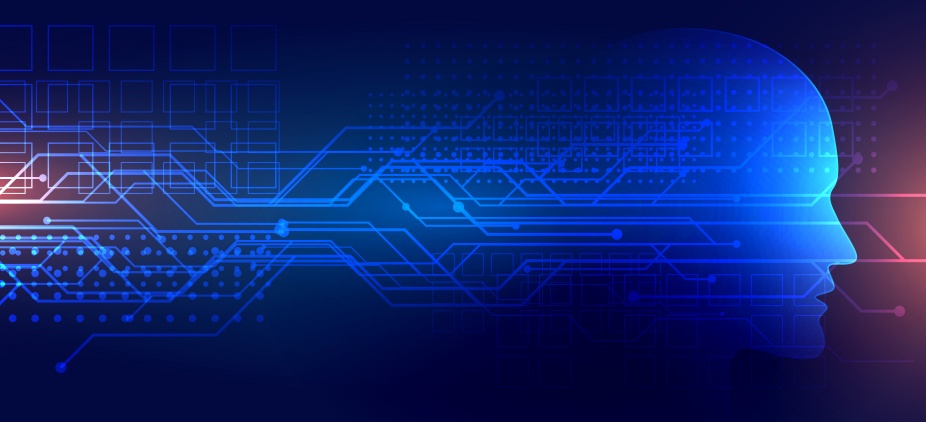 Human face vector art with digital network in background. 