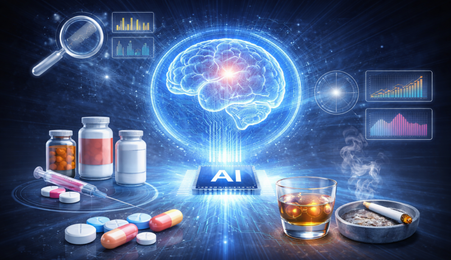 AI brain with drugs and alcohol surrounding it to illustrate how AI can be used to address the problem of harmful substance abuse. 