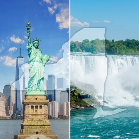 Statue of Liberty and Niagara Falls with a vector outline of New York State. 