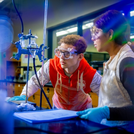 Students work in a general chemistry laboratory, photographed in the Natural Sciences Complex (NSC) in June 2025. Photo by Doug Levere. 