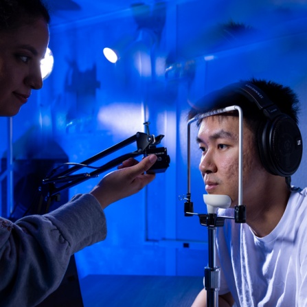 Research with AI technology and communicative disorders is conducted in a lab in Cary Hall in November 2024. The research is led by Wei Sun, with the department of communicative disorders and sciences, works with Wenyao Xu, with the department of computer sciences and engineering. Photographer: Douglas Levere. 
