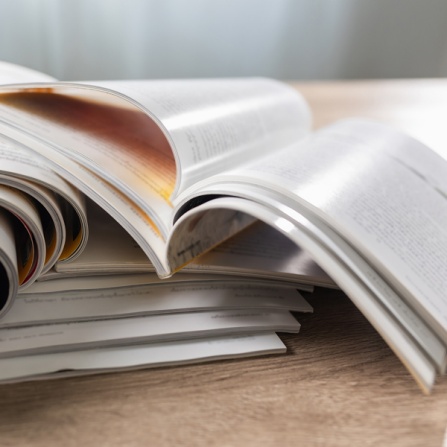 Stack of research journals and magazines. 