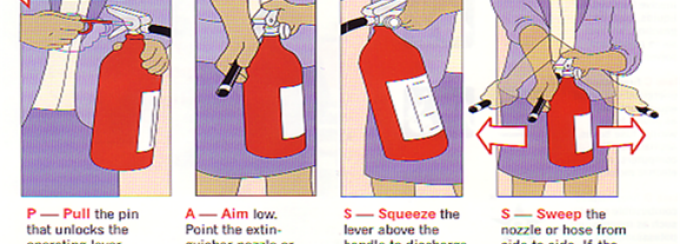 pictured instructions of using a fire extinguisher. 