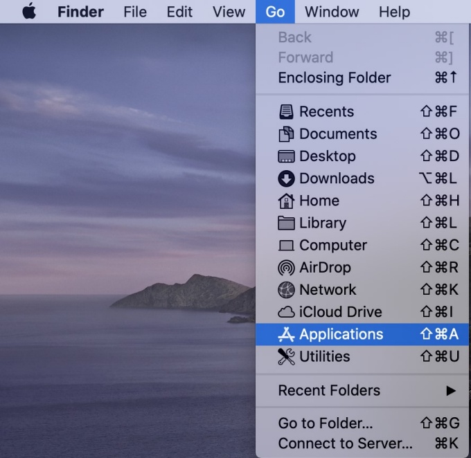Macintosh Finder "Go" menu with the "Applications" submenu highlighted.