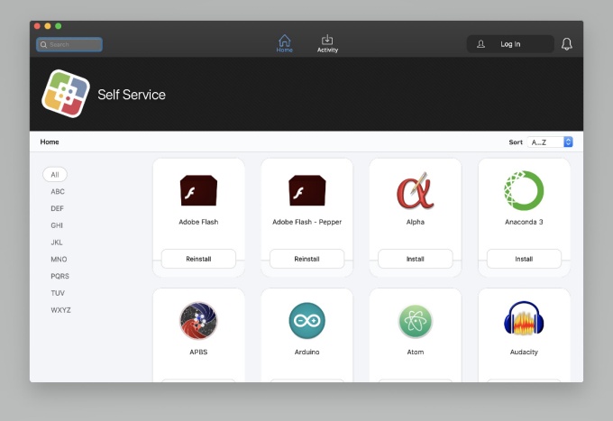 Self Service main screen, showing various applications.