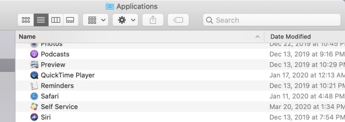 Macintosh Applications folder., showing the Self Service application.