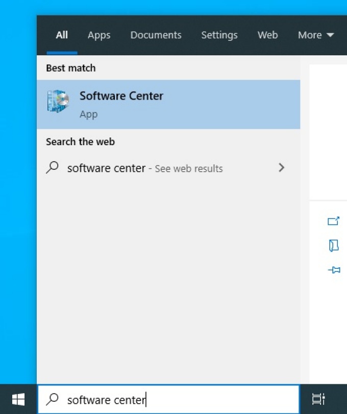 Microsoft Windows search results window, showing that it found Software Center.