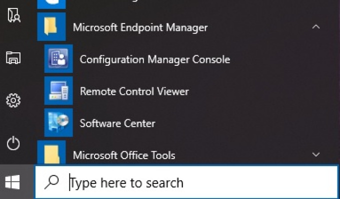 Microsoft Windows Start Menu, showing the location of Software Center in the software list.