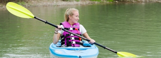 Student kayaks on Lake LaSalle. 